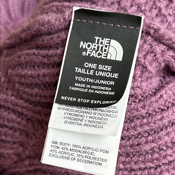 The North Face Youth Purple Knit Beanie with Fluffy Gray Pom-Pom - Picture 4 of 15